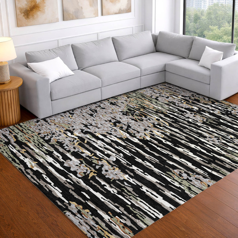 Tapis abstrait lavable à la machine intérieur / extérieur ACN2839, Noir, 5 pi x 7 pi 6 po