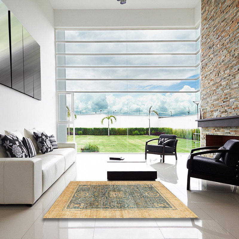 Tapis beige / bleu Southwestern, Carré 8 pi