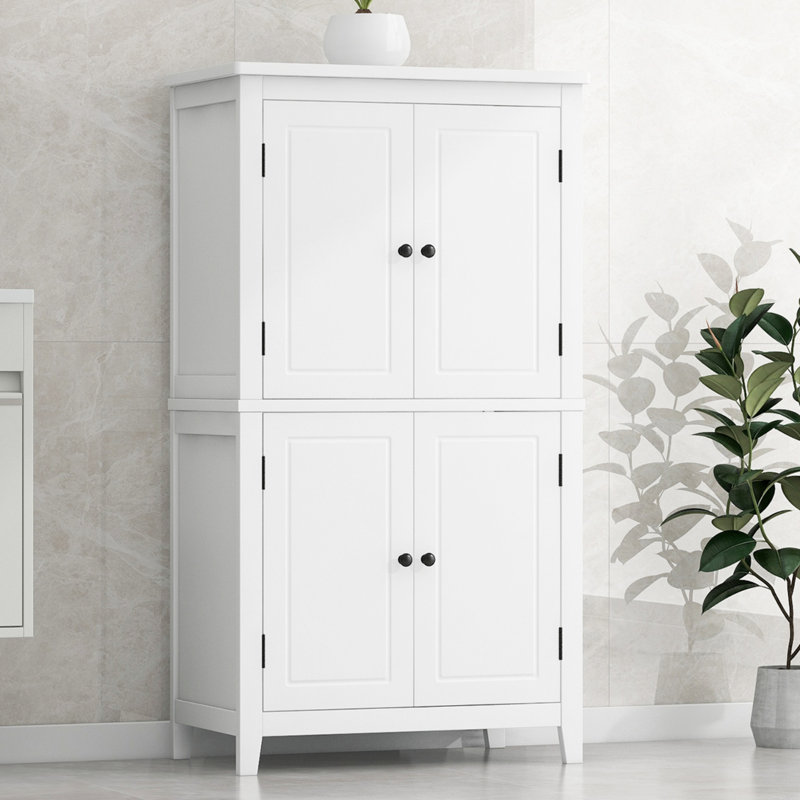 Elegant Bathroom Floor Storage Cabinet, Bathroom Storage Unit, Freestanding Cabinet With 4 Doors, Adjustable Shelves, Adaptable Shelves, White