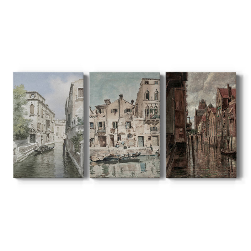 Paysage rétro CLVII - Toile tendue avec châssis sur mesure - 3 pièces, 36" H x 72" W