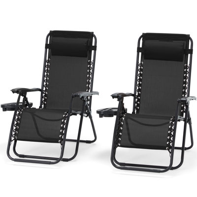 Set of 2 Zero Gravity Lounge Chairs, Folding Reclining Patio Chairs with Cup Holder & Headrest by Arlmont & Co.