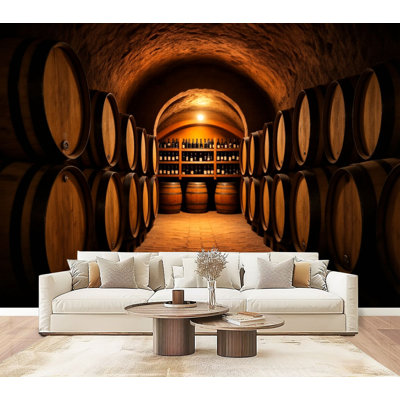 Peel and Stick Wallpaper Wine Barrel Cellar Interior Oak Barrels Rustic Underground Winery Wall Murals 69"H x 96"W Removable PVC Wall Paper Self-Adhesive Wall Decor for Bedroom Living Room Home Office