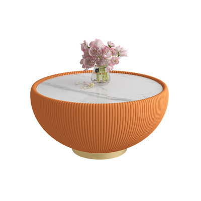 Table ronde moderne avec plateau en marbre et cuir, de couleur orange, stable et élégante, pour le café au bureau, fixation au sol en microfibre dorée, sans assemblage, décoration de pièce