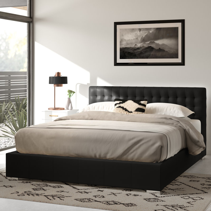 Aakifa Vegan Leather Platform Bed, Black, Full