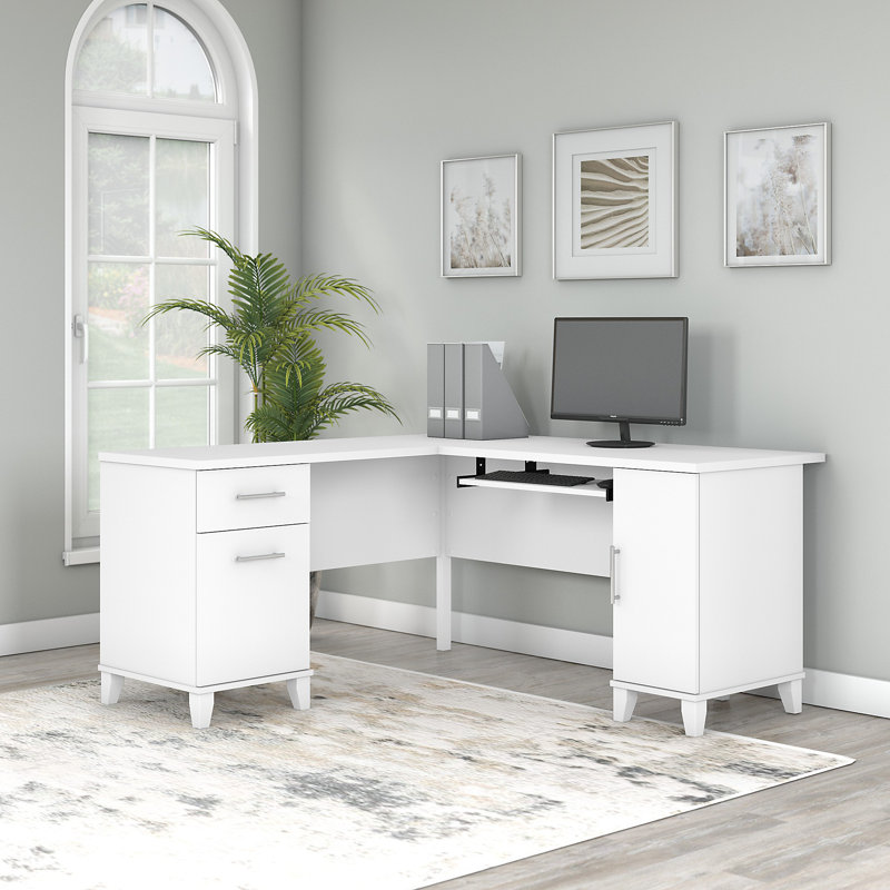 Paelynn 60” L-Shaped Desk with Storage and Drawers, Corner Computer Office Desk, Modern Wood, Fresh Walnut, Fresh Walnut