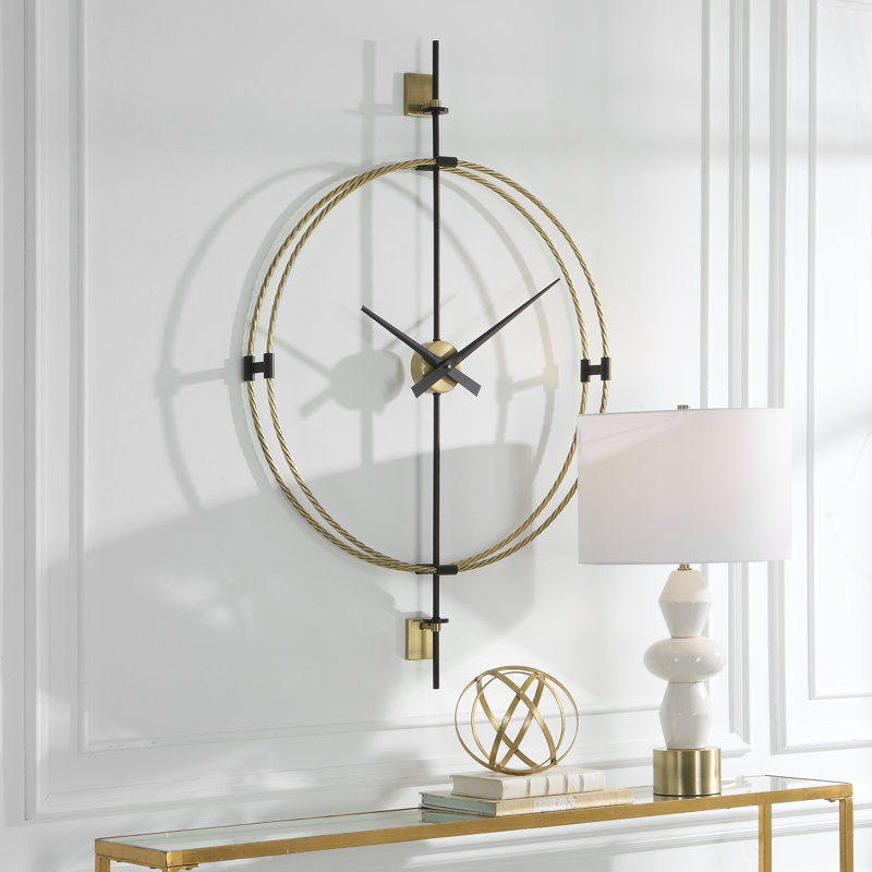 Mid-Century Modern Brass and Black Metal Wall Clock