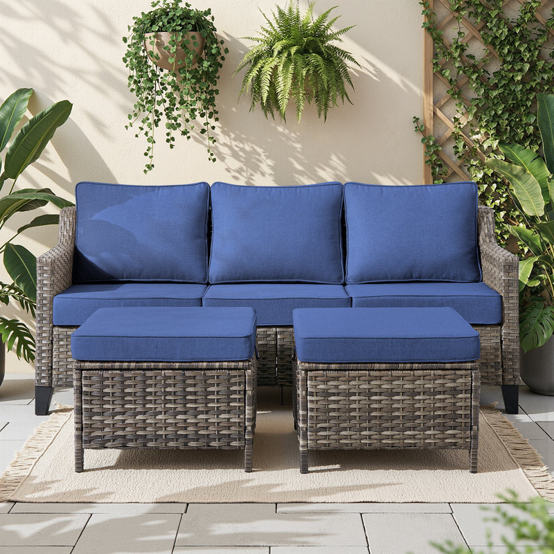 3 Pieces Patio Furniture Sofa Set-Outdoor Wicker Patio Furniture With Ottomans And All-Weather Patio Conversation Set For Backyard Porch Garden