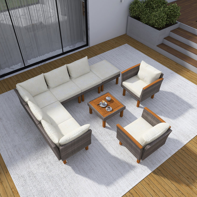 Ensemble de canapé modulaire en osier 9 pièces 9 pièces avec table basse, Beige
