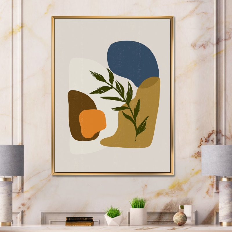 Botanical Minimalist Shapes with Green Leaf - Impression sur toile, H 32 po x l 24 po x P 1 po, Toile encadrée d'or