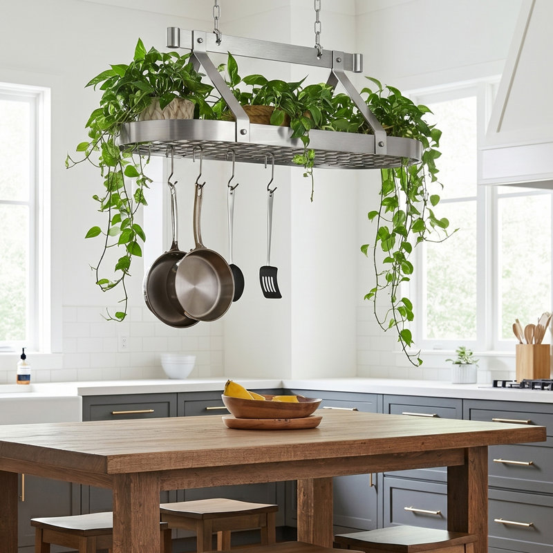 Handcrafted French Oval Ceiling Pot Rack, 22" H x 36.5" W x 17" D, Stainless Steel