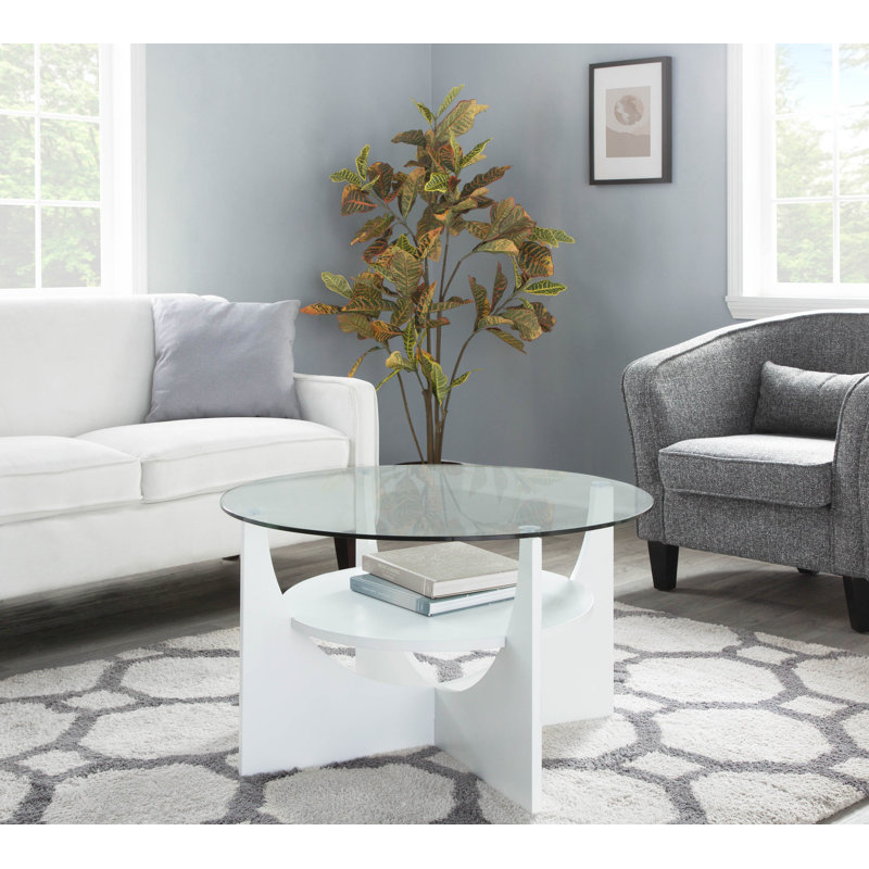 Modern U-Shaped White Coffee Table with Circular Glass Top