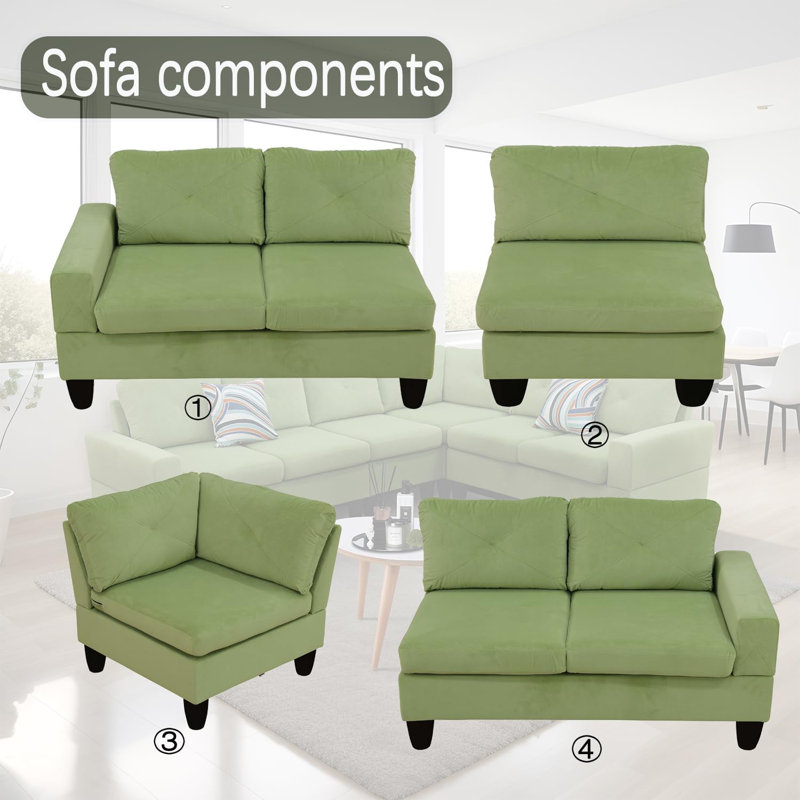 4-piece Flannel Sectional Sofa, Apple Green Flannel