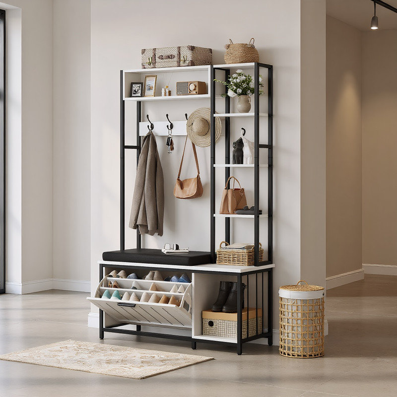 All-in-One Entryway Storage with Bench – Flip Shoe Cabinet, Cubbies & Shelf, White