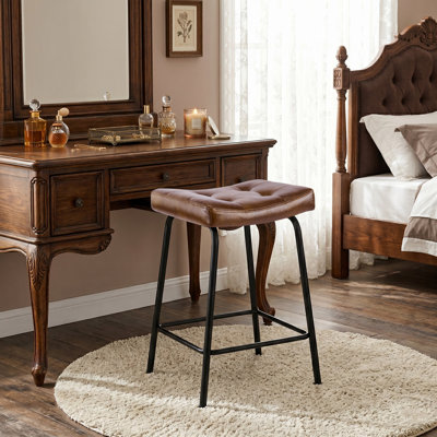 25.5''H Faux Leather Counter Stools for Kitchen Island Set of 2, Backless Saddle Counter Height Bar Stools with Metal Frame & Footrest, Yellow Brown