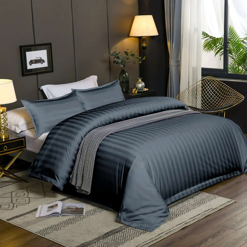 Microfibre 250 Thread Count Reversible Stripe Duvet Cover set for rooms, Double - 2 Standard Pillowcases, Charcoal