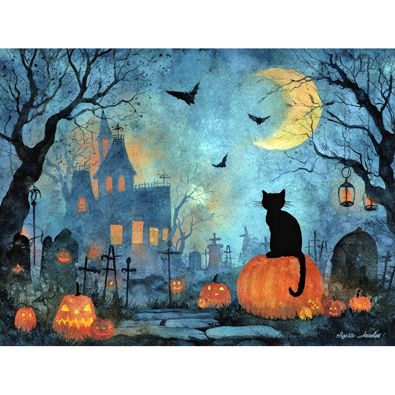 «Cat in Haunted Graveyard», art mural sur toile