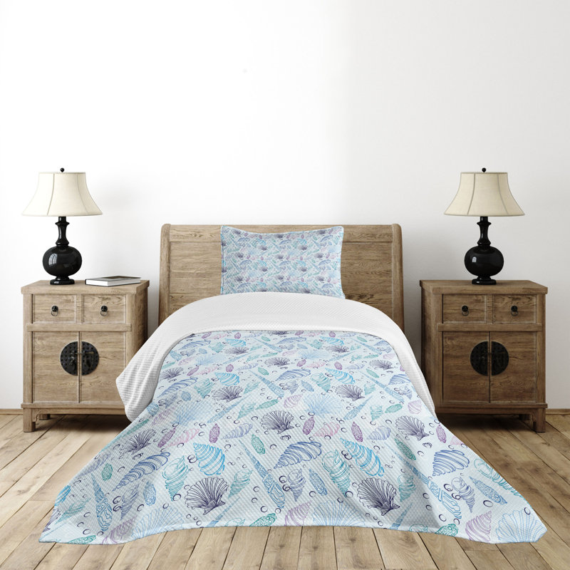 Ambesonne Nautical Bedspread Set Seashells Bubble Ocean Indigo Pale Blue Purple, Twin Bedspread + 1 Standard Sham
