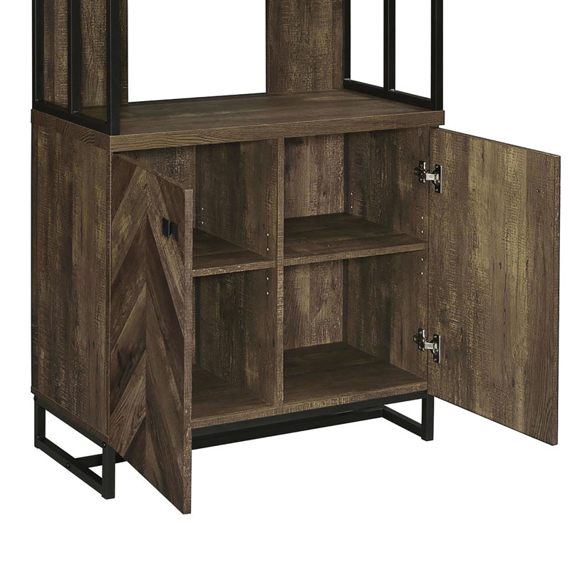 Bibliothèque à 2 portes en chêne rustique avec décoration à chevrons, 3 tablettes ouvertes et 2 bibliothèques réglables, pour le vestibule