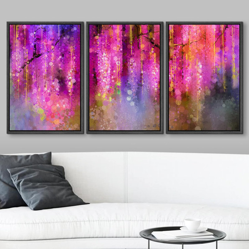 «Mauve et doré, aquarelle et paillettes», 3 pièces sur toile, Cadre flottant noir, H 24 po x l 48 po