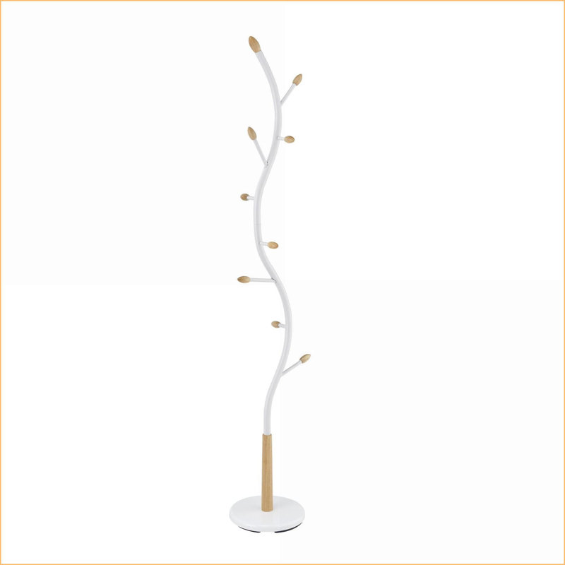 Coat Racks, Modern White Metal Standing Rack with Oak Wood Hooks | White | Wood