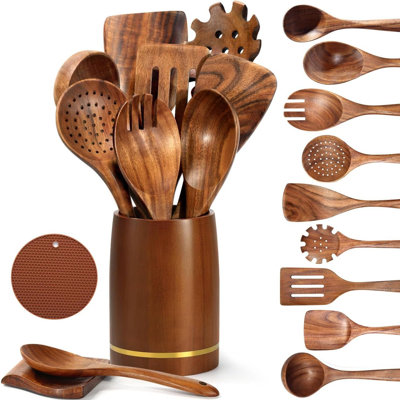Ensemble d'ustensiles de cuisine 12 pièces, ensemble d'ustensiles de cuisine en bois