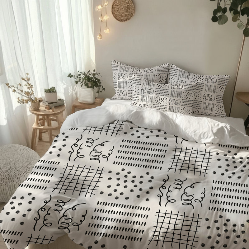 Microfiber Comforter Set, Black/White Geometric, King Comforter + 2 King Shams