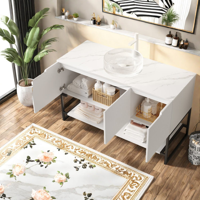 Meuble-lavabo spacieux de 48 po avec lavabo en verre élégant, solution de rangement moderne pour la salle de bain