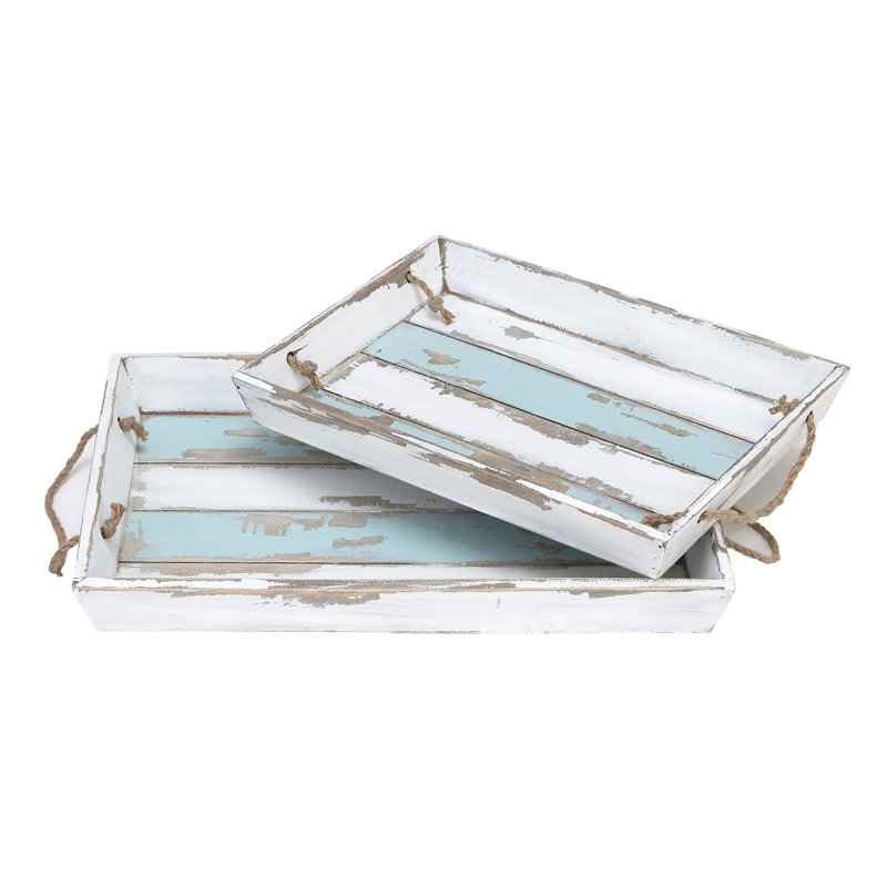 Nautical White and Blue Wood Rectangular Tray Set with Jute Handles