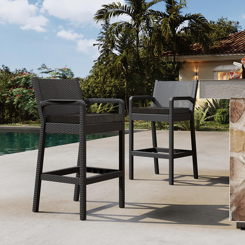 Ensemble de 2 tabourets de bar en osier pour l'extérieur avec balcon, Noir