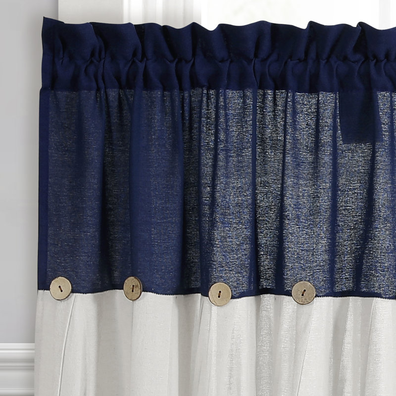 Blue and White Linen Button Kitchen Tier Curtains, 29" x 36"