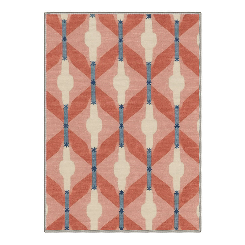 Modern Striped Machine Washable Red / Beige / Blue Indoor Area Rug with Non-Slip Backing, Rectangle 9' x 12'