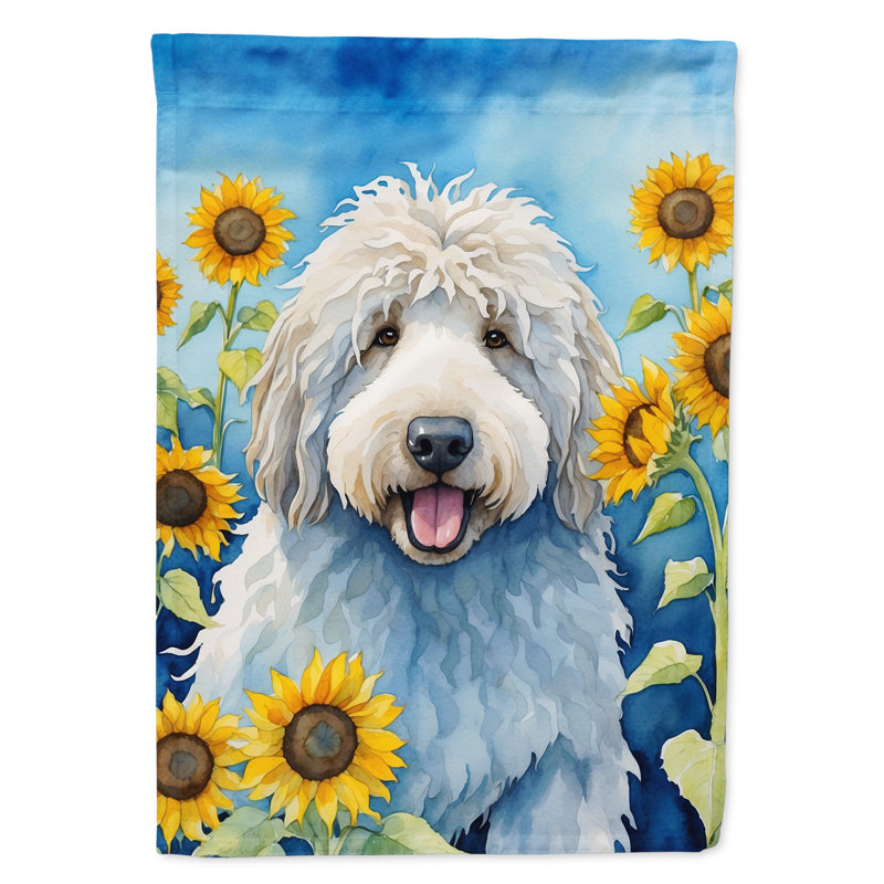 Lévrier irlandais dans le drapeau du jardin de tournesols, Komondor