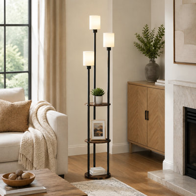 Vintage floor lamp with a 3-tier shelf/table design and 3 lights, supplied with 3-color-temperature LED bulbs and operated by a foot switch; for living rooms, bedrooms, studies, and offices.