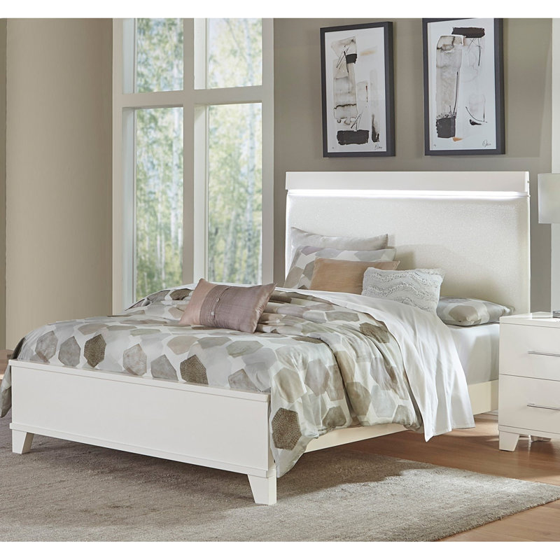 Full Size Bed With Modern White Gloss Headboard And Faux Leather High Featuring Led Illumination, Full