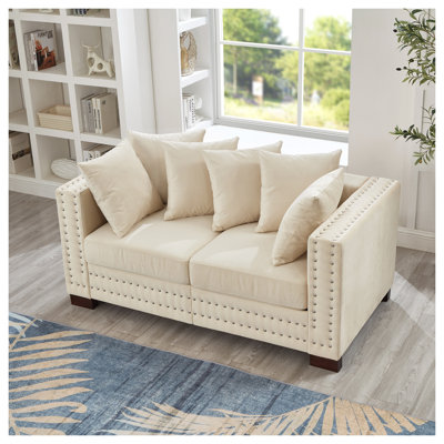 Modern Velvet Loveseat Sofa with Square Armrests and Silver Nailhead Trim, Apricot