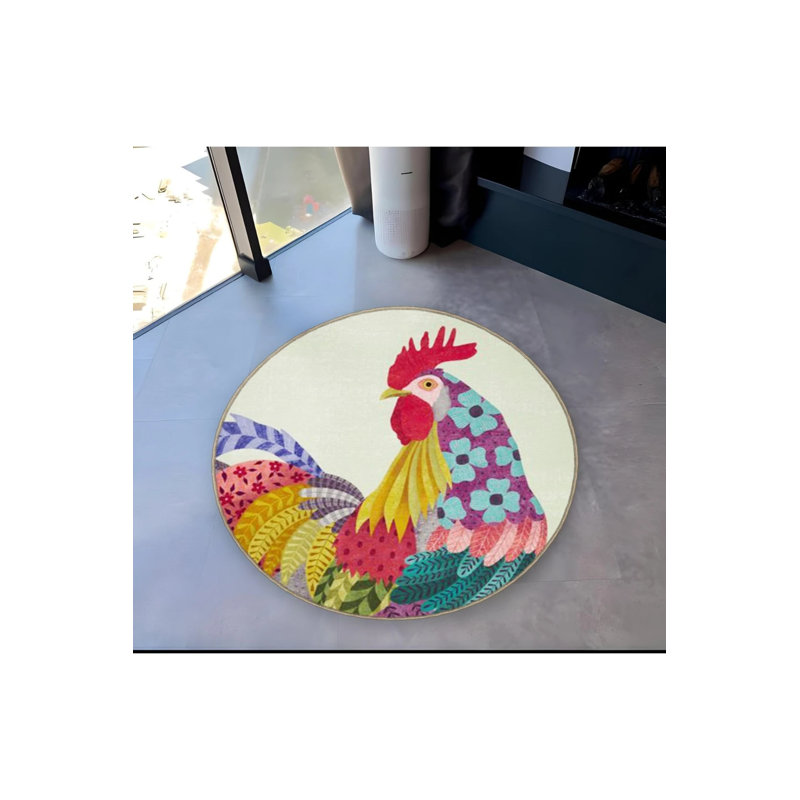 Multicolored Patterned Rooster Detailed Woven Base Modern Decorative Carpet, Round 2'8"