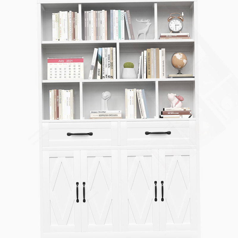 71" H Metal Bookcase With 2 Doors & 2 Drawers, Tall Storage Cabinet With Fixed Open Shelves For Home Office, Living Room, Modern Bookshelf, White