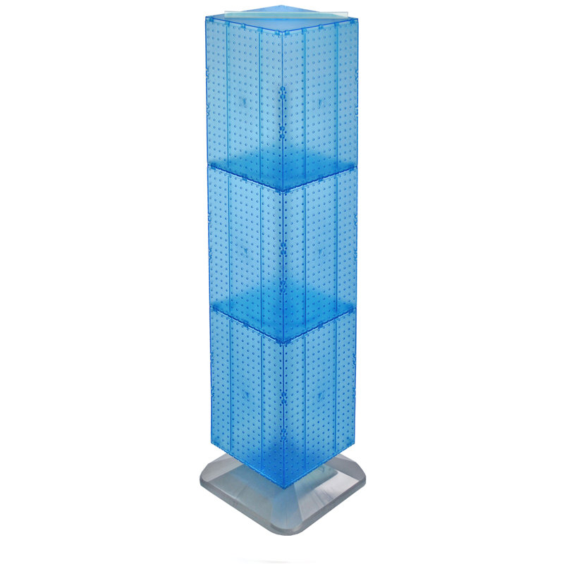 Présentoir de plancher à quatre côtés en panneau perforé sur base pivotante. Support à roulettes. Taille du panneau: l 14 po x H 60 po