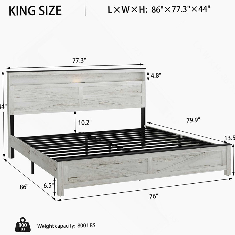 Très grand lit avec tête de lit en bois et espace de rangement caché, sans sommier tapissier, blanc