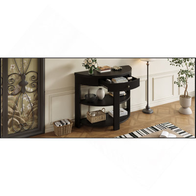 TREXM Fluted Half Moon Console Table with Drawer and 2 Shelves for Entryway, Living Room and Hallway (Navy)
