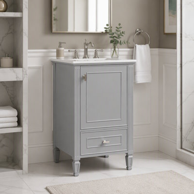 20" Bathroom Vanity with Ceramic Sink,Solid Wood Legs, Freestanding Vanity with Storage Cabinet,Soft-Close Drawers&Doors,Storage Rack ,Grey