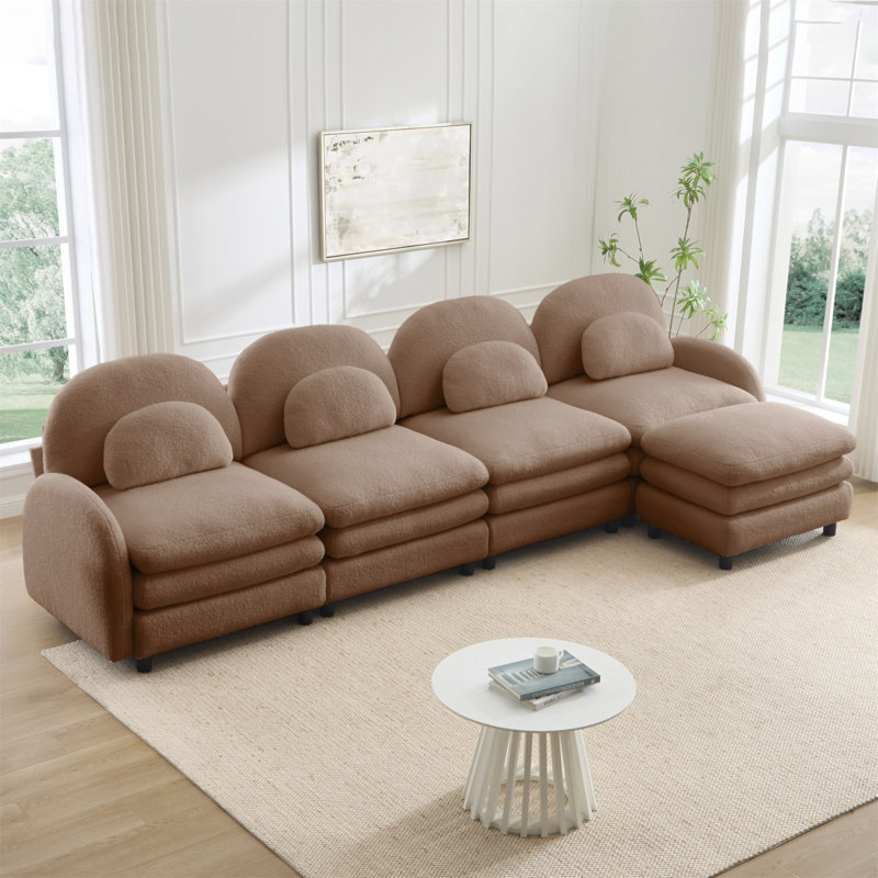 Canapé Teddy en tissu 4 places en forme de nuage, dossier incurvé et accoudoirs avec coussins lombaires incurvés, canapé modulaire 4 places modulaire avec repose-pieds mobile et coussin de soutien à double couche