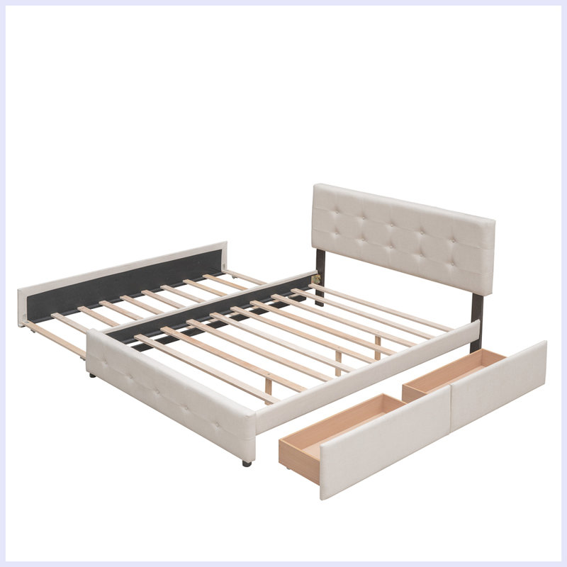 Lit plateforme tapissier Modern avec 2 tiroirs et 1 lit gigogne Modern, Beige