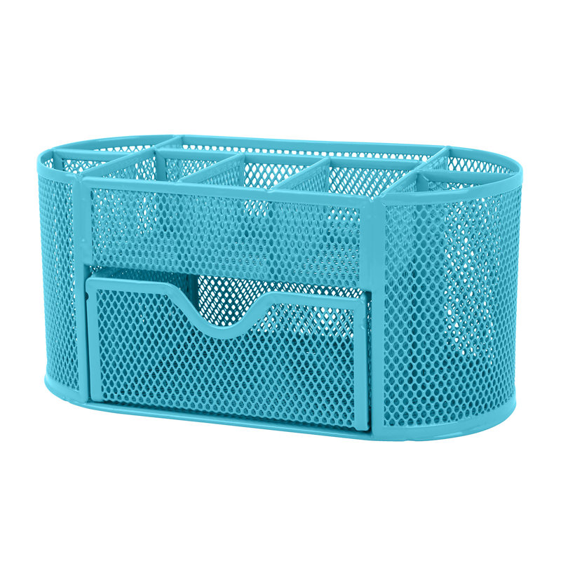 Sky Blue Metal Mesh Desk Organizer with 9 Compartments and Sliding Drawer, Sky Blue