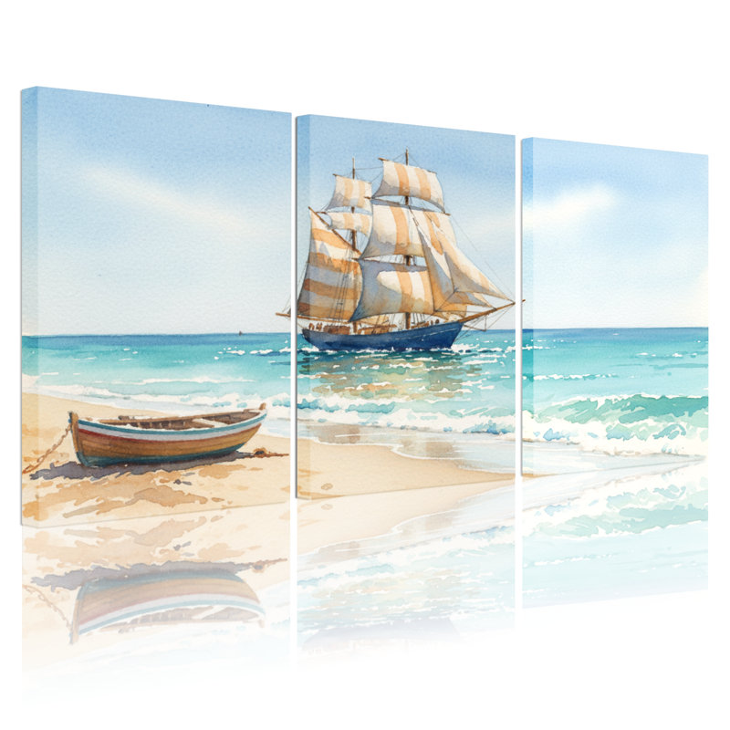 Nautique et plage, voilier sur la plage avec voiles rayées et petit bateau, ensemble de 3 impressions sur toile