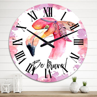 «Be Brave», flamant rose avec plumes - horloge murale traditionnelle