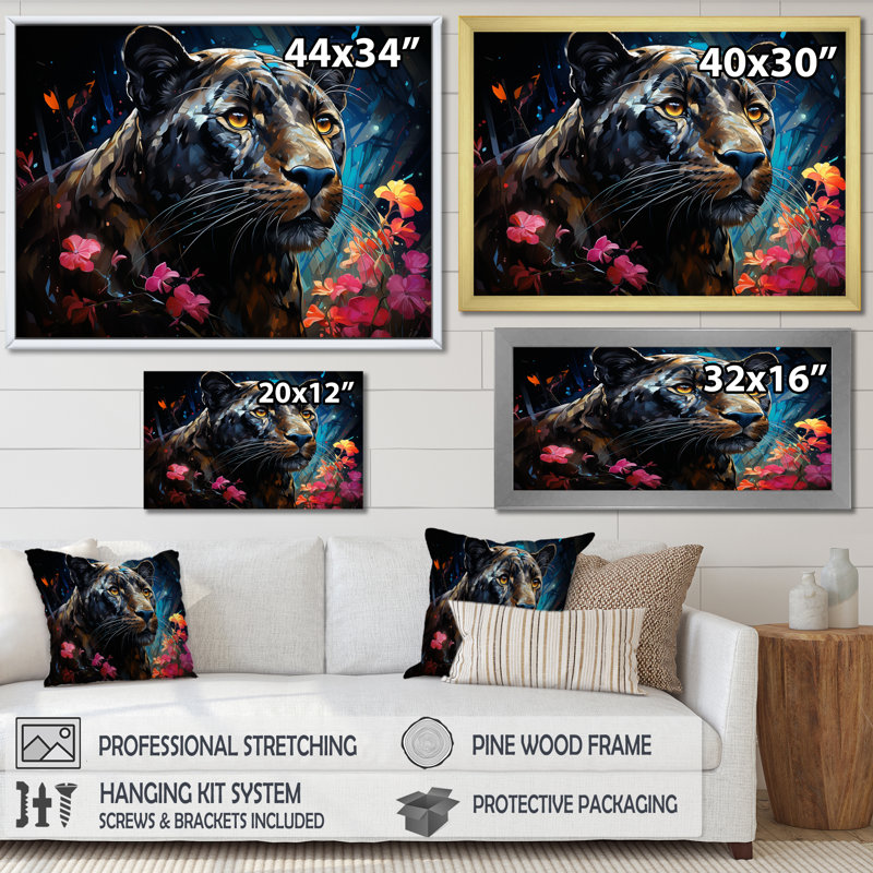 «Dreamy Panther Nocturne» sur toile, Cadre photo noir, H 34 po x l 44 po x P 1,5 po