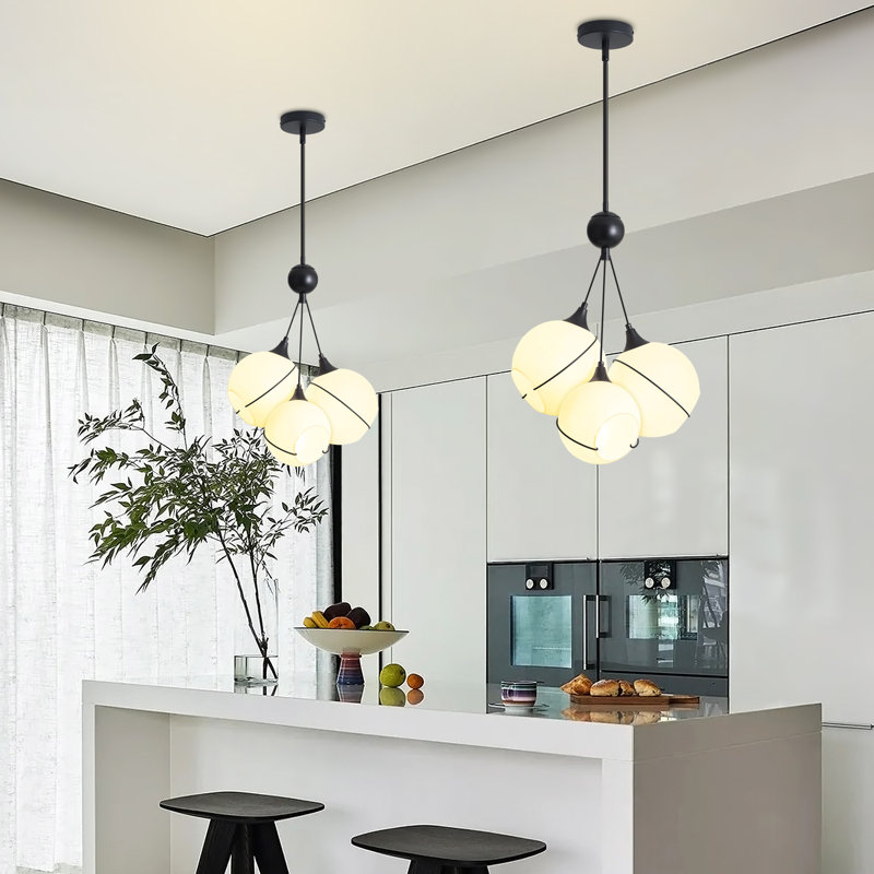 3 - Light Modern Dimmable Globe Keyari With Frosted White Glass Shade, Noir mat