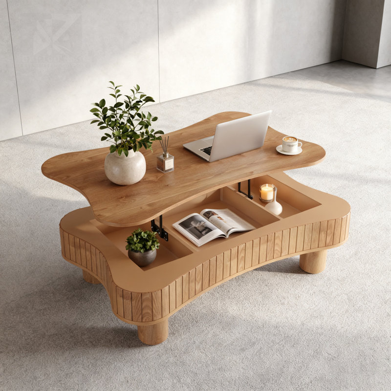 Table basse à plateau relevable avec panneau cannelé Endin, Marron clair