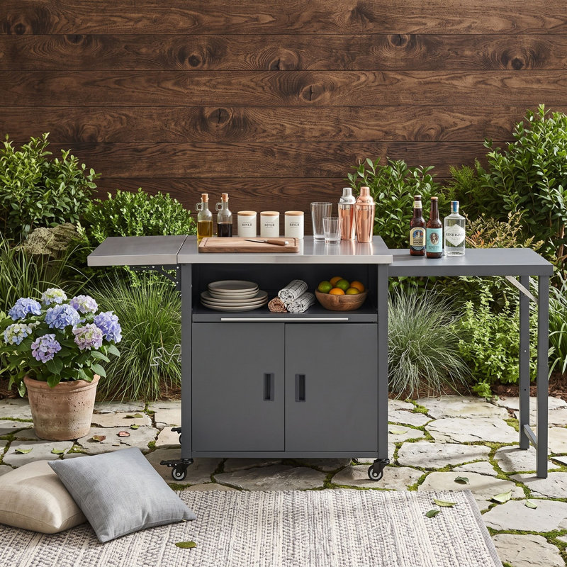 Chariot de barbecue pliable pour îlot de cuisine pour l'extérieur avec plateau en acier inoxydable, support à déchets, grand rangement et roues verrouillables